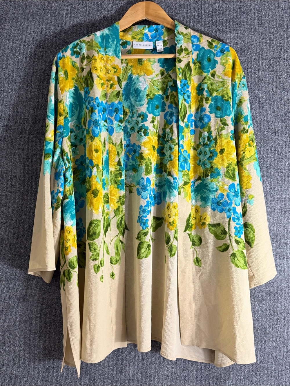 Susan Graver Womens Floral Open Front 3/4 Sleeve Cardigan Size XL Beige Artsy